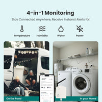 4-in-1 monitoring system for temperature, humidity, water, and power with examples of use on a van and at home.