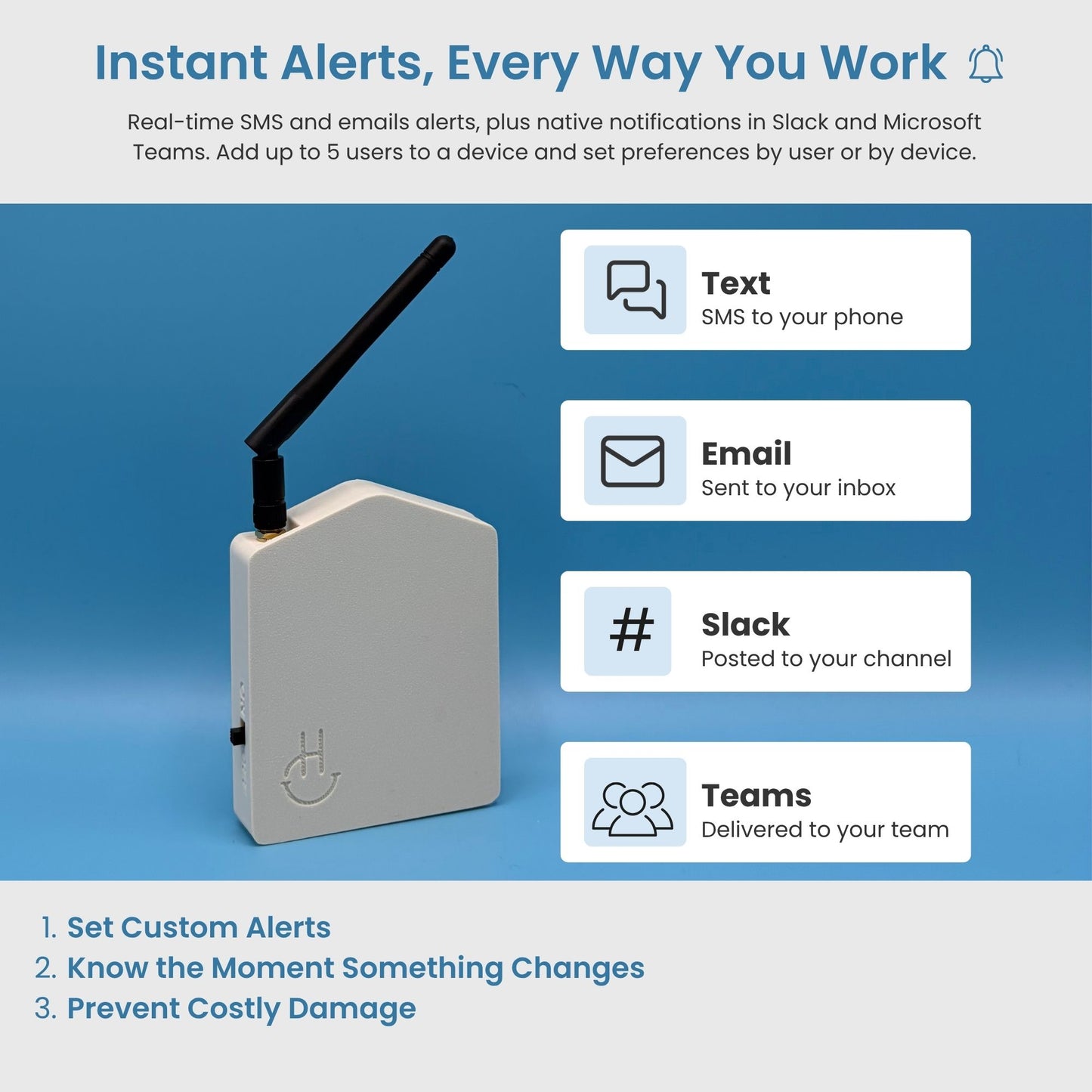 White device with antenna and icons for text, email, Slack, and Teams on a light gray background.