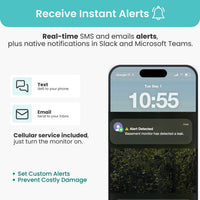 phone with icons for text, email, Slack, and Teams on a light gray background.