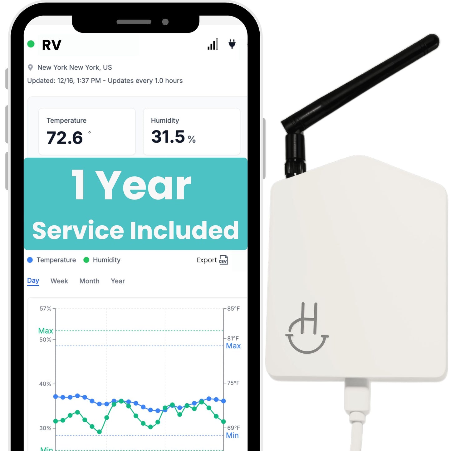 Smart home device with smartphone displaying weather app on a white background