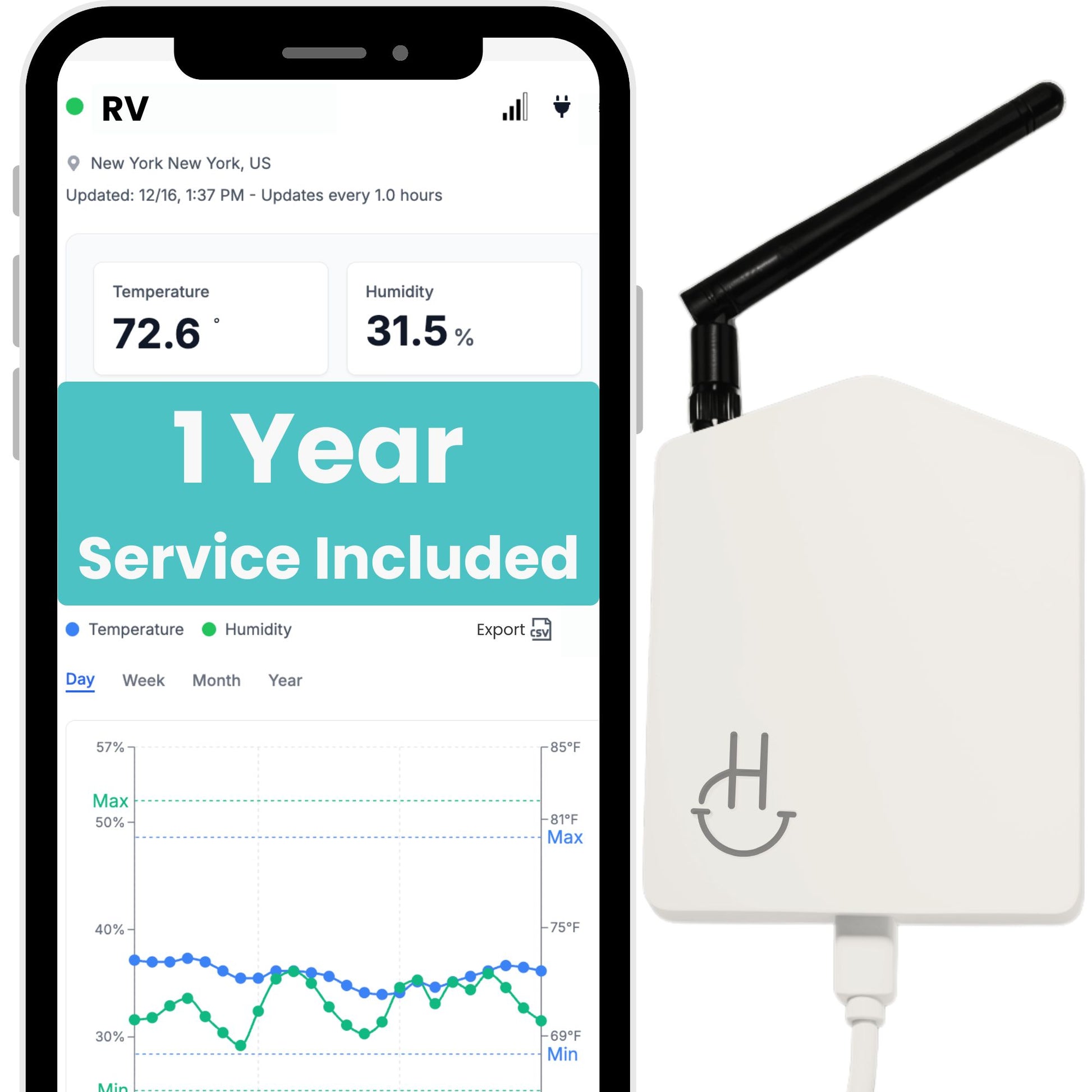 Smart home device with smartphone displaying weather app on a white background