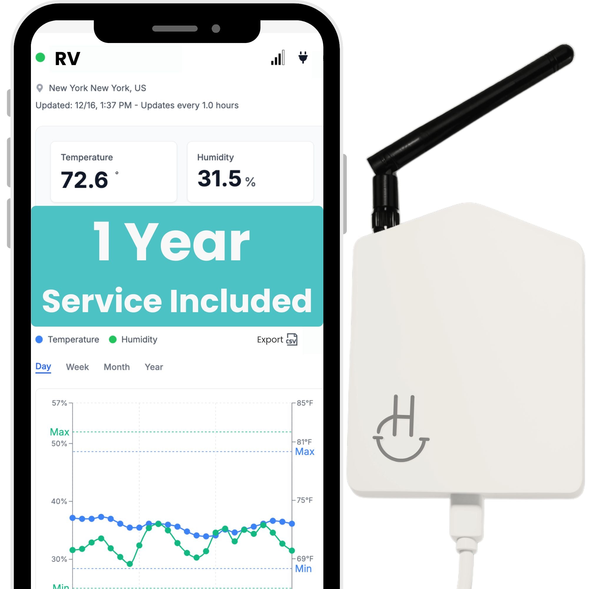 Smart home device with smartphone displaying weather app on a white background