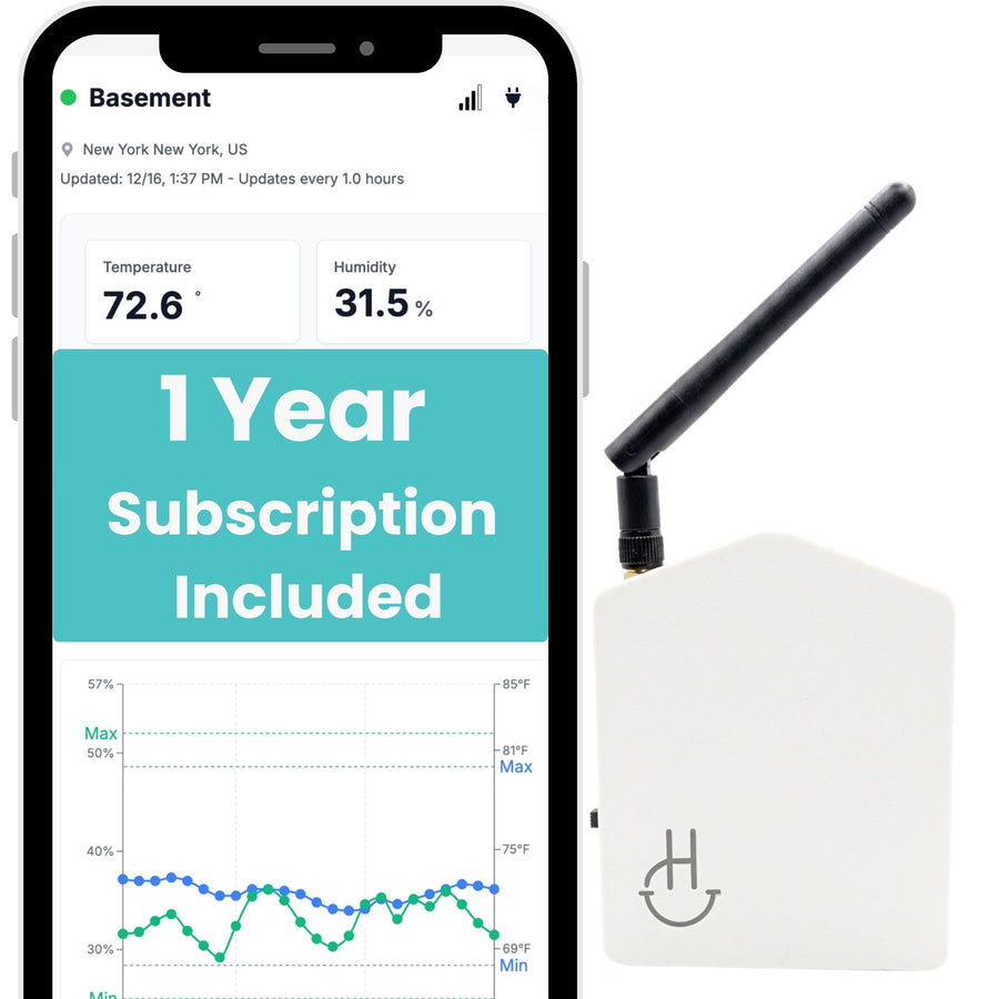 Smart home device with smartphone displaying weather app on a white background
