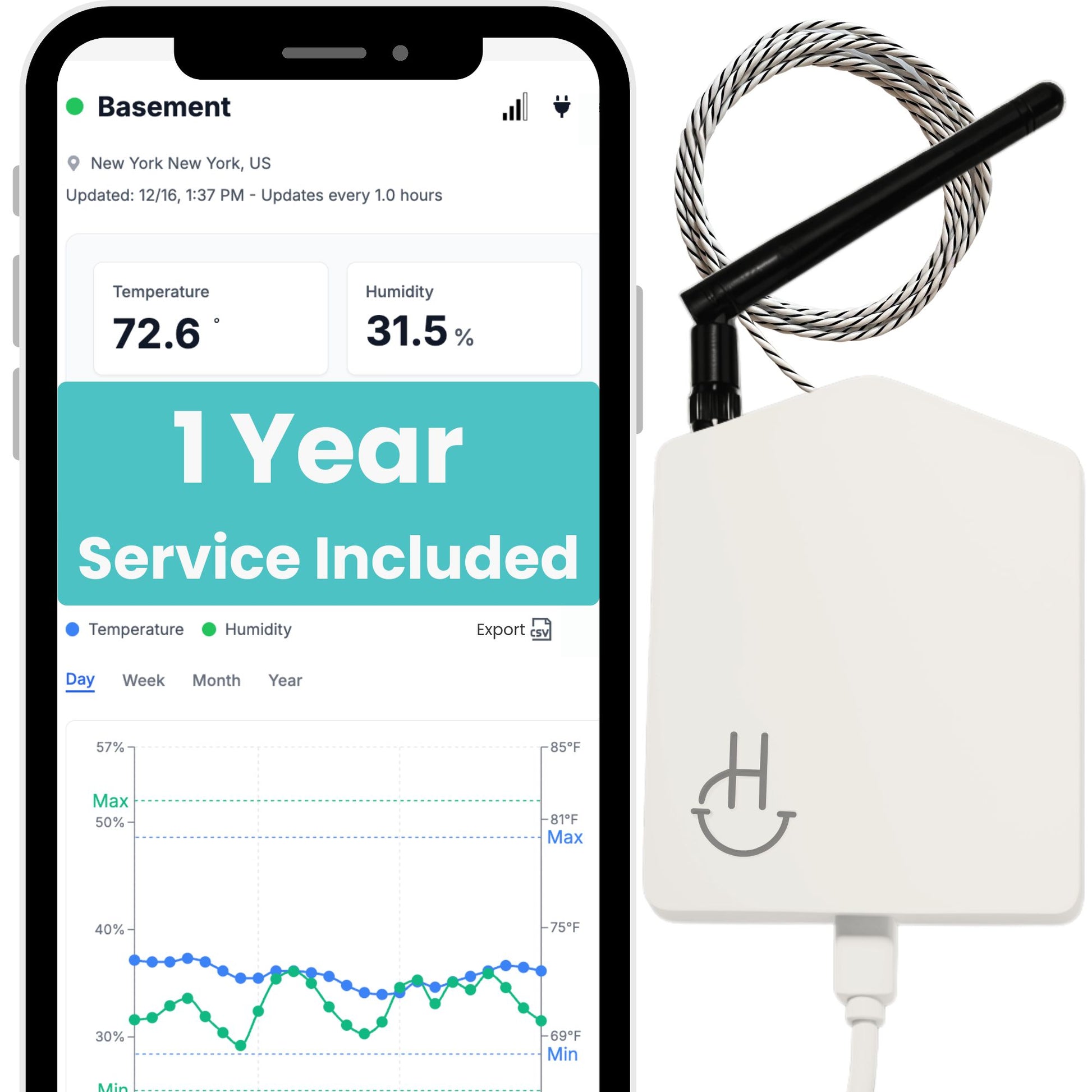 Smart home device with app interface showing temperature and humidity on a smartphone screen.