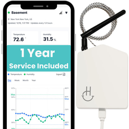 Smart home device with app interface showing temperature and humidity on a smartphone screen.