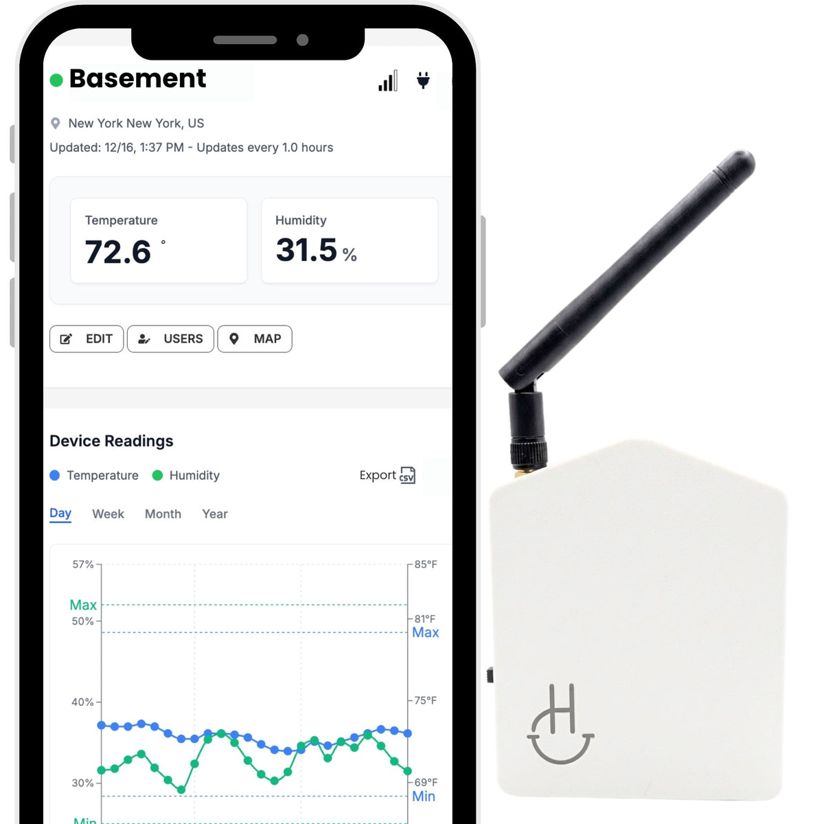 A smartphone displaying a basement temperature and humidity monitoring app interface next to a small white square sensor device with a black antenna. The sensor has a gray stylized logo on the front.