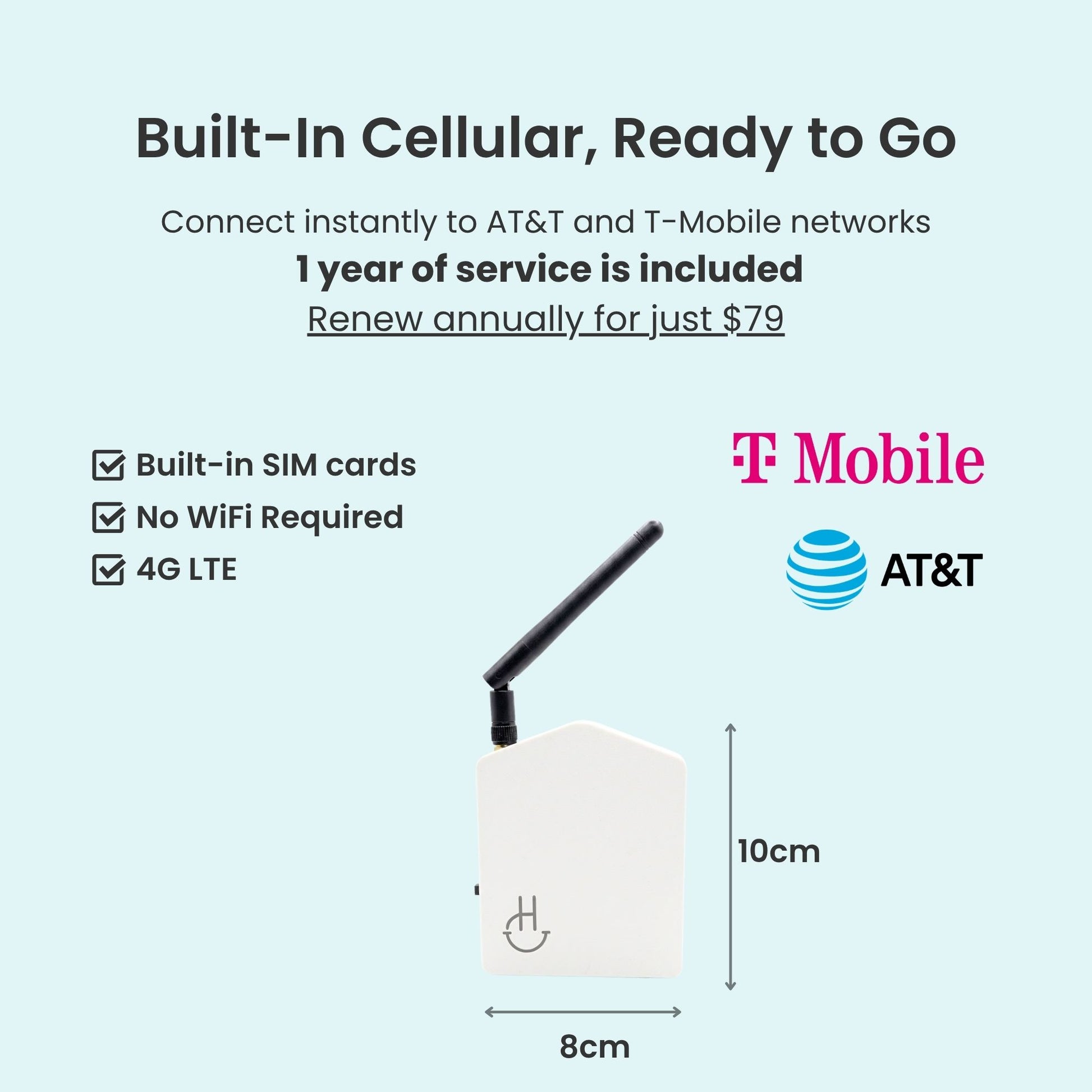 Product with built-in cellular connectivity for AT&T and T-Mobile networks on a light blue background.