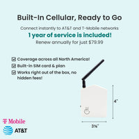 Product with built-in cellular connectivity for AT&T and T-Mobile networks on a light blue background.