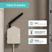 A wall-mounted smart device with a single black antenna on a beige wall, shown with a teal header reading 'How it works' and callout boxes explaining alerts via SMS/Email/Teams, cellular network, and sensor data.