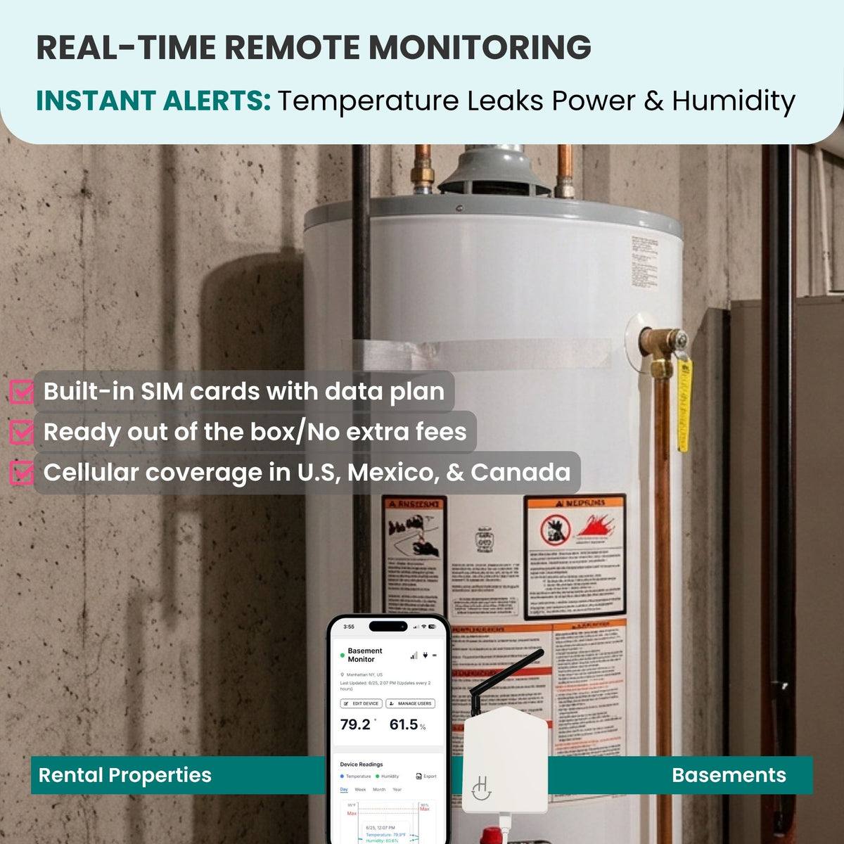cellular monitor infront of a water heater showing app displaying temperature readings